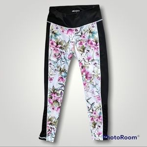 Ideology Candice Solid Black & Floral Print Leggings with Mesh Cut-Outs